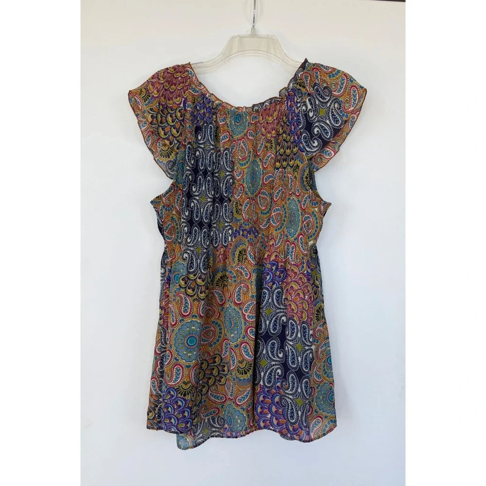Women's Paisley Blouse Smocked Flutter Sleeve Baby Doll Top Boho Fairy Milk Maid - Picture 2 of 8